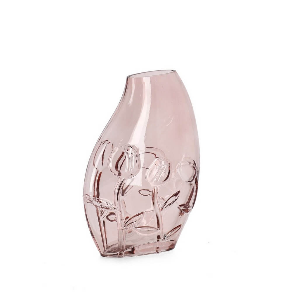 Vaso in vetro rosa con decorazioni floreali in rilievo h24,5 cm - MIRALYN