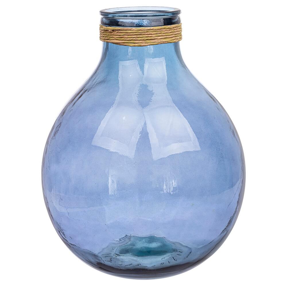 Vaso tondo in vetro riciclato blu con decoro in rattan H47,5 - ALI