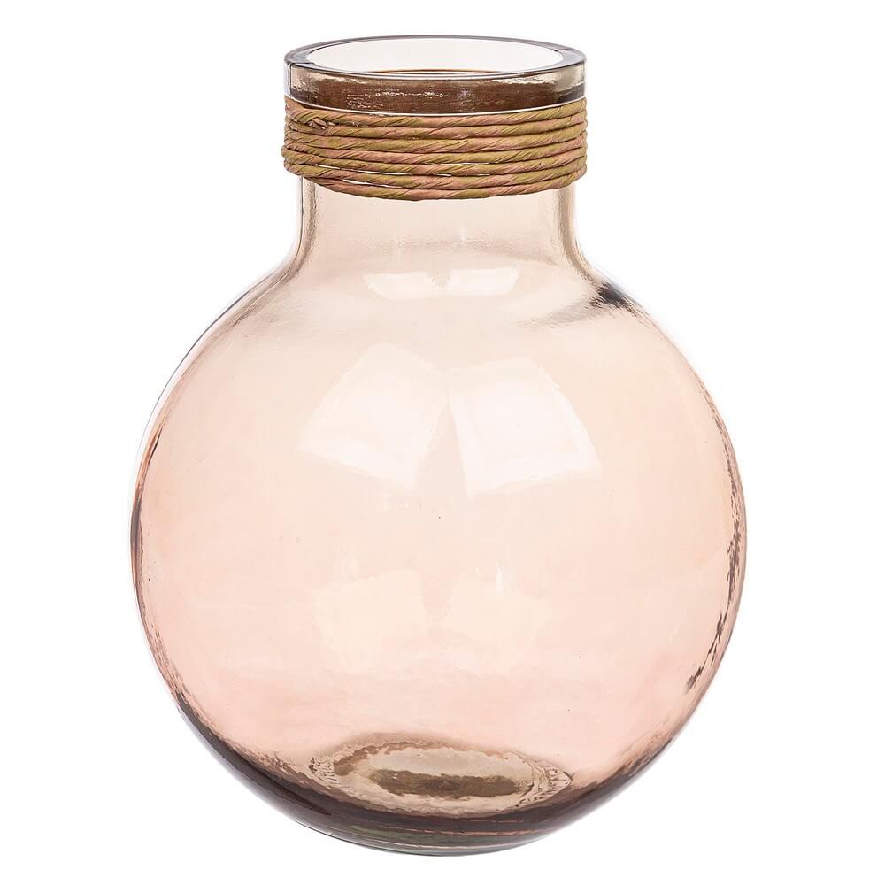 Vaso Rotondo in Vetro Riciclato con Decoro in Rafia Rosa Antico - YAH