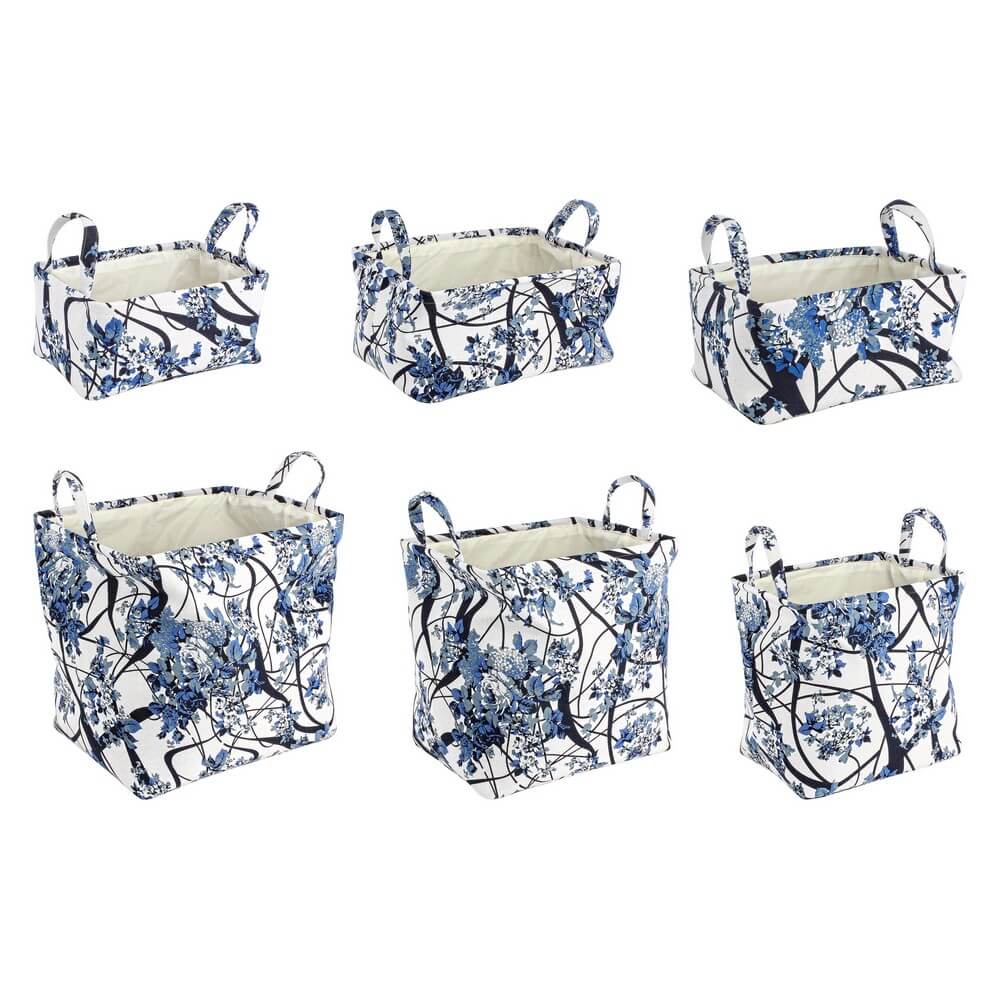 Set di 2 Set da 3 Cestini Portaoggetti in Tessuto Floreale Blu - RALORA