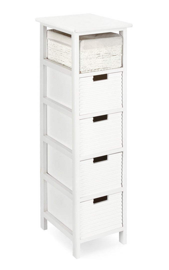 Cassettiera Alta 5 Cassetti in Legno Bianco con Intreccio - LEONIE