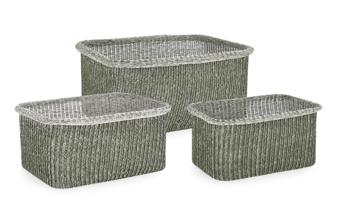 Set di 4 Set da 3 Ceste Rettangolari Intrecciate in Poliestere e Cotone Verde - AMALYA