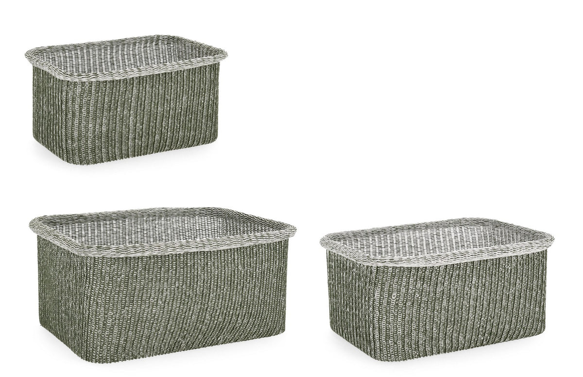 Set di 4 Set da 3 Ceste Rettangolari Intrecciate in Poliestere e Cotone Verde - AMALYA