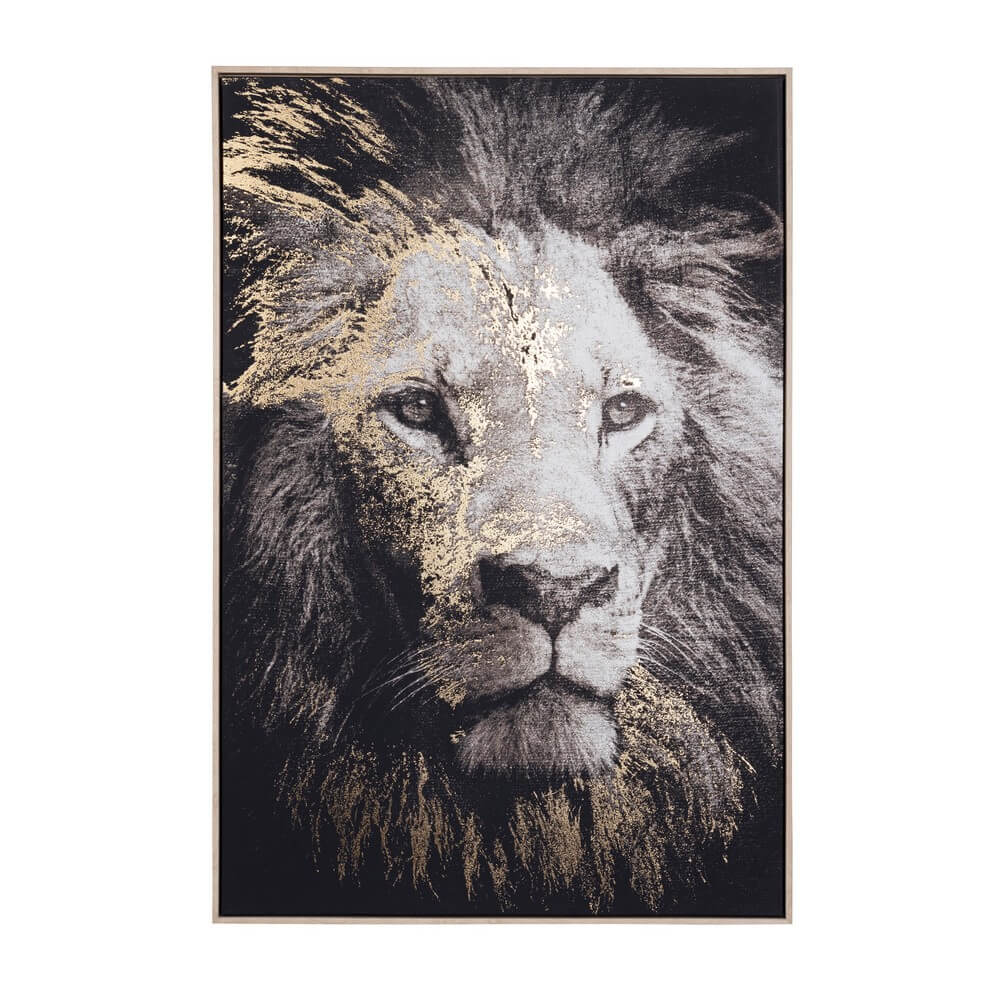 Quadro con Cornice Leone Stampa su Tela con Foglie Dorate 82x122 - ANDREI