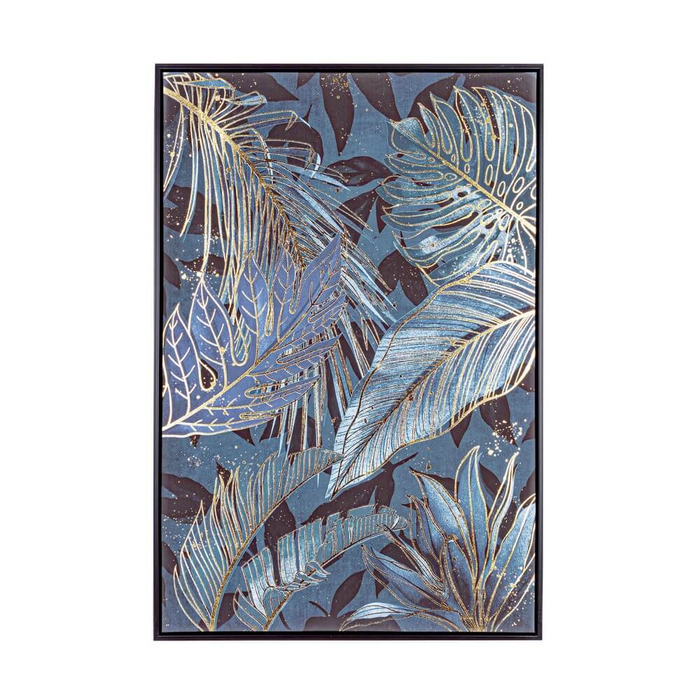 Quadro con Cornice Foglie Tropicali Blu e Oro 62x92 cm - KATRINA