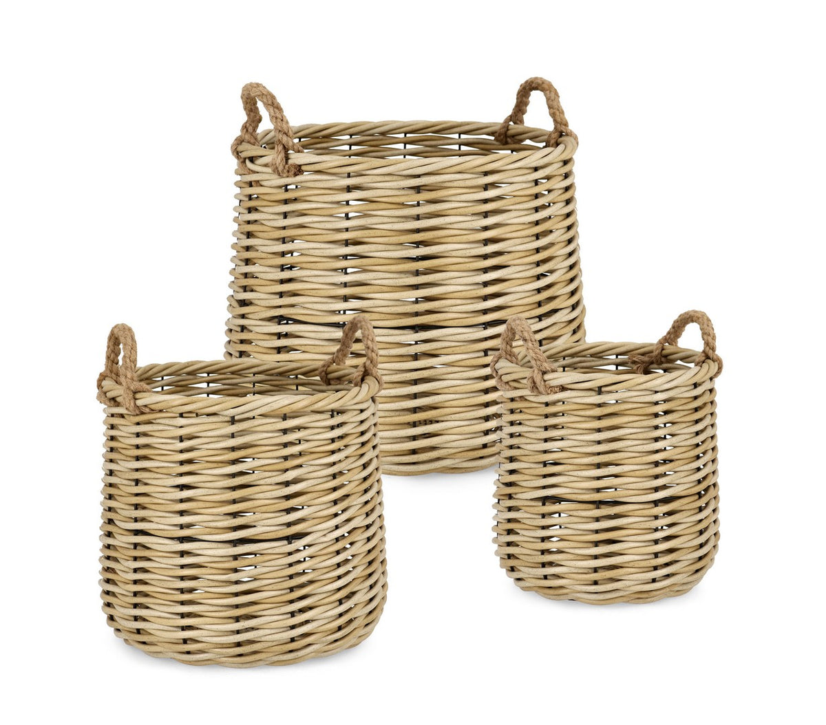 Set da 3 Ceste Rotonde in Polyrattan con Manici in Corda Naturale - JULEN