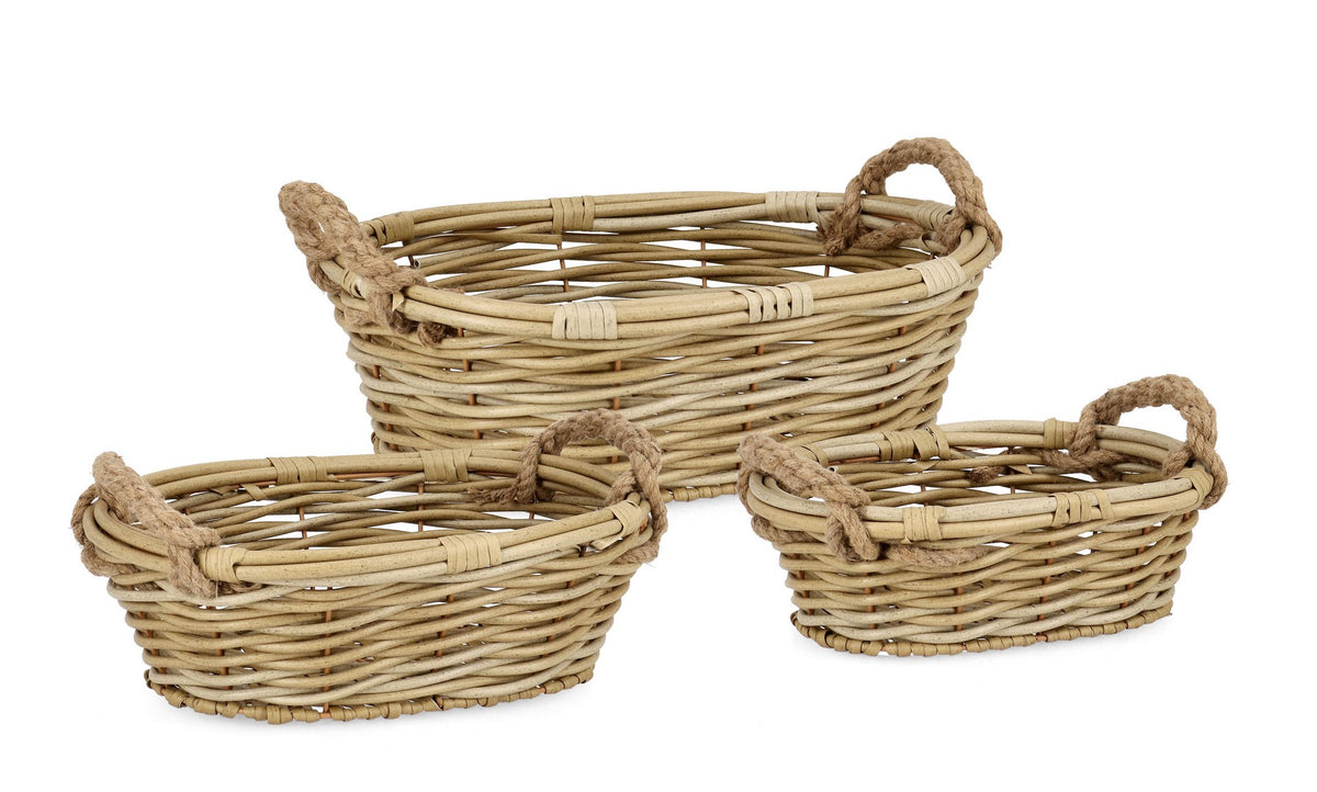 Set da 3 Ceste Ovali Basse in Polyrattan con Manici in Iuta Naturale - JULEN