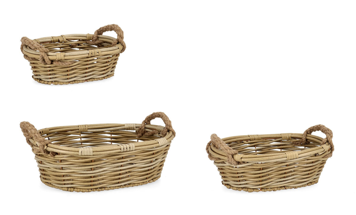 Set da 3 Ceste Ovali Basse in Polyrattan con Manici in Iuta Naturale - JULEN