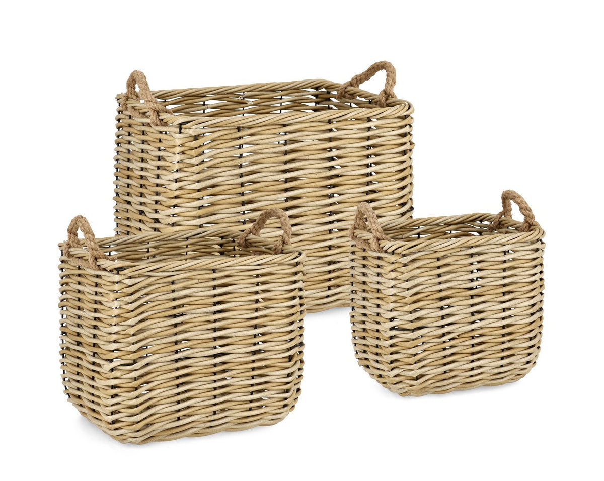 Set da 3 Ceste Rettangolari in Polyrattan Naturale con Manici - JULEN