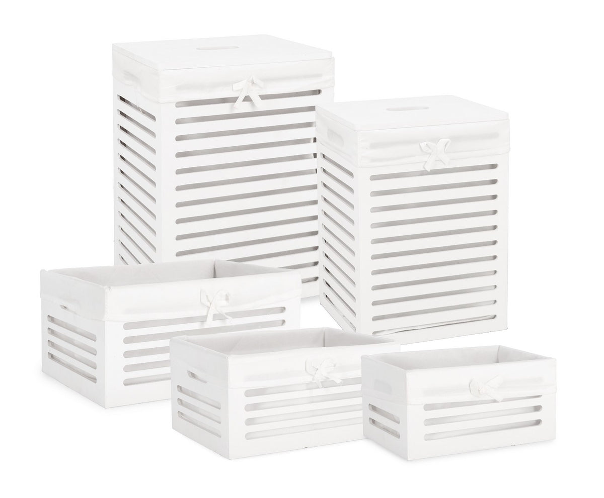 Set di 2 Set da 2 Portabiancheria e 3 Ceste in Legno Bianco con Fodera - ISRA