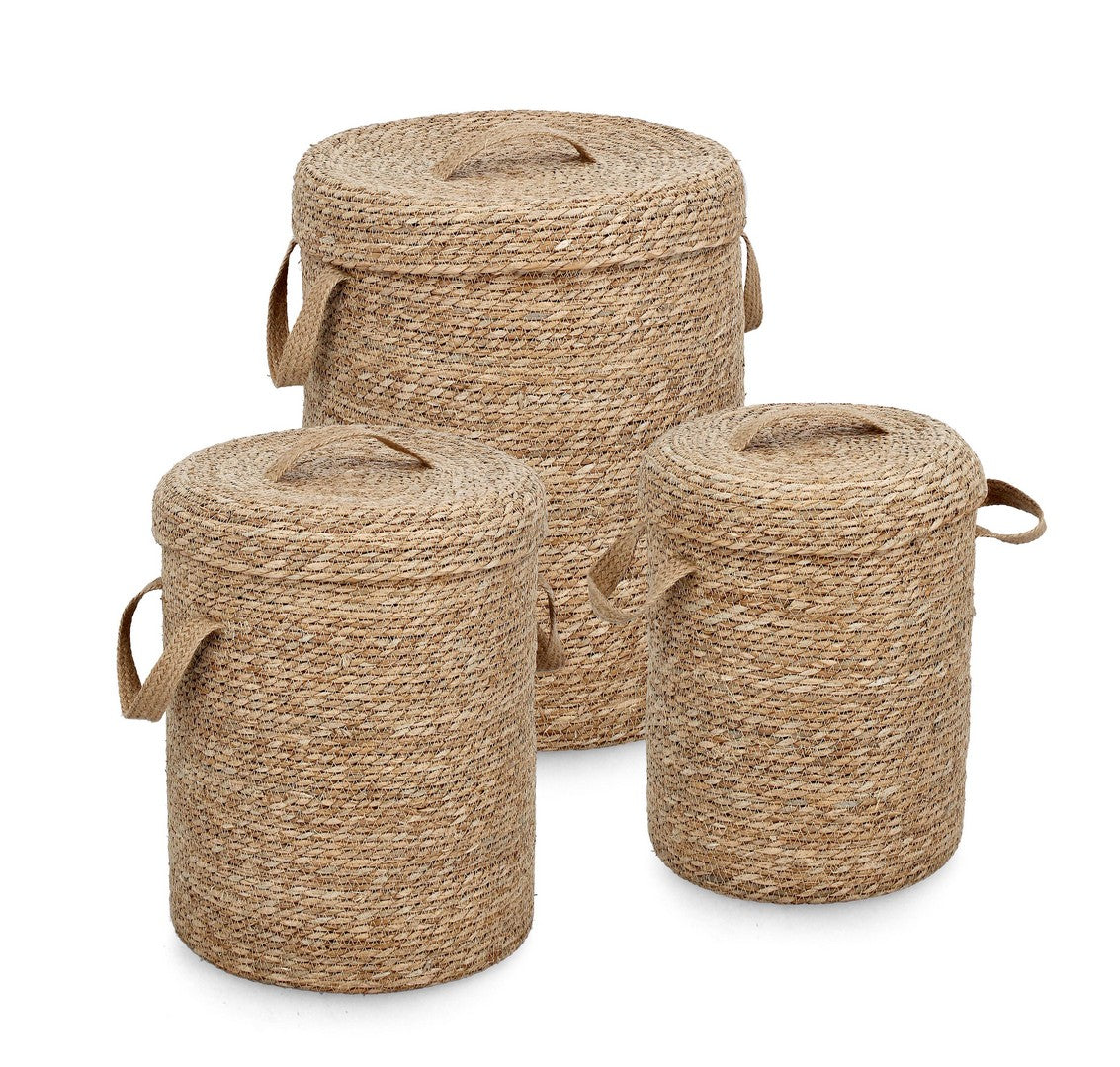 Set da 3 Ceste Portabiancheria in Fibra Naturale con Coperchio - HAMIDA