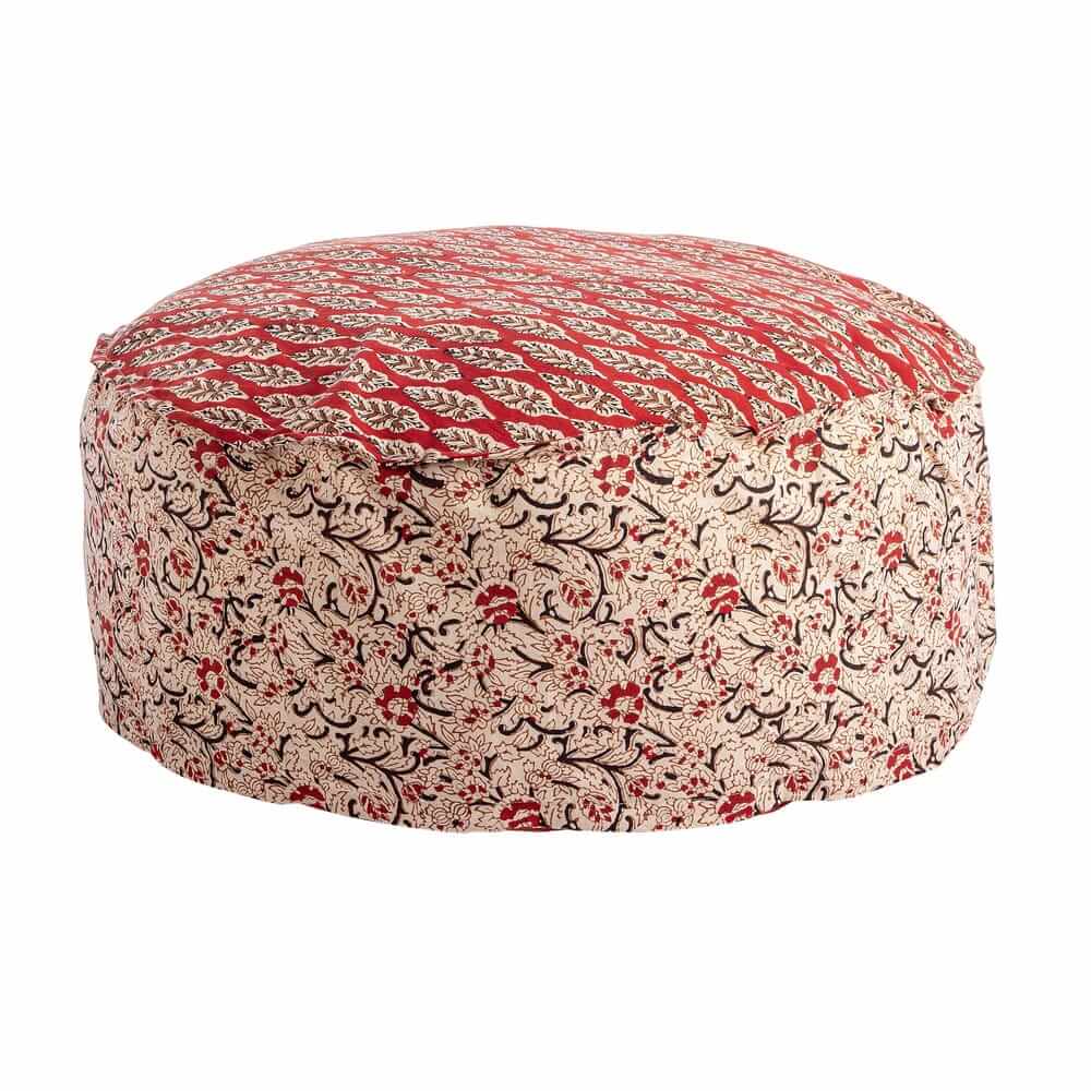 Pouf Rotondo in Cotone con Stampa Floreale Rosso Sfoderabile - ELEGANCE