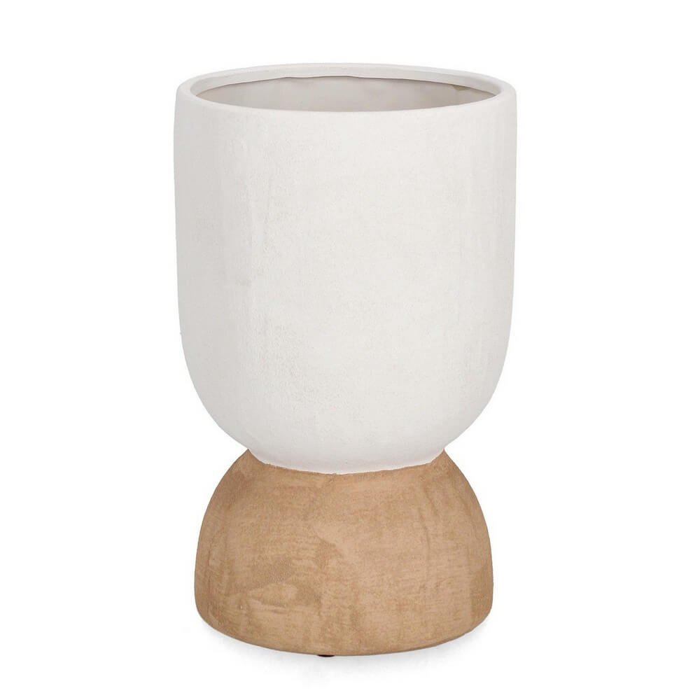 Vaso in Terracotta Bianca con Base in Legno Naturale - HECTOR