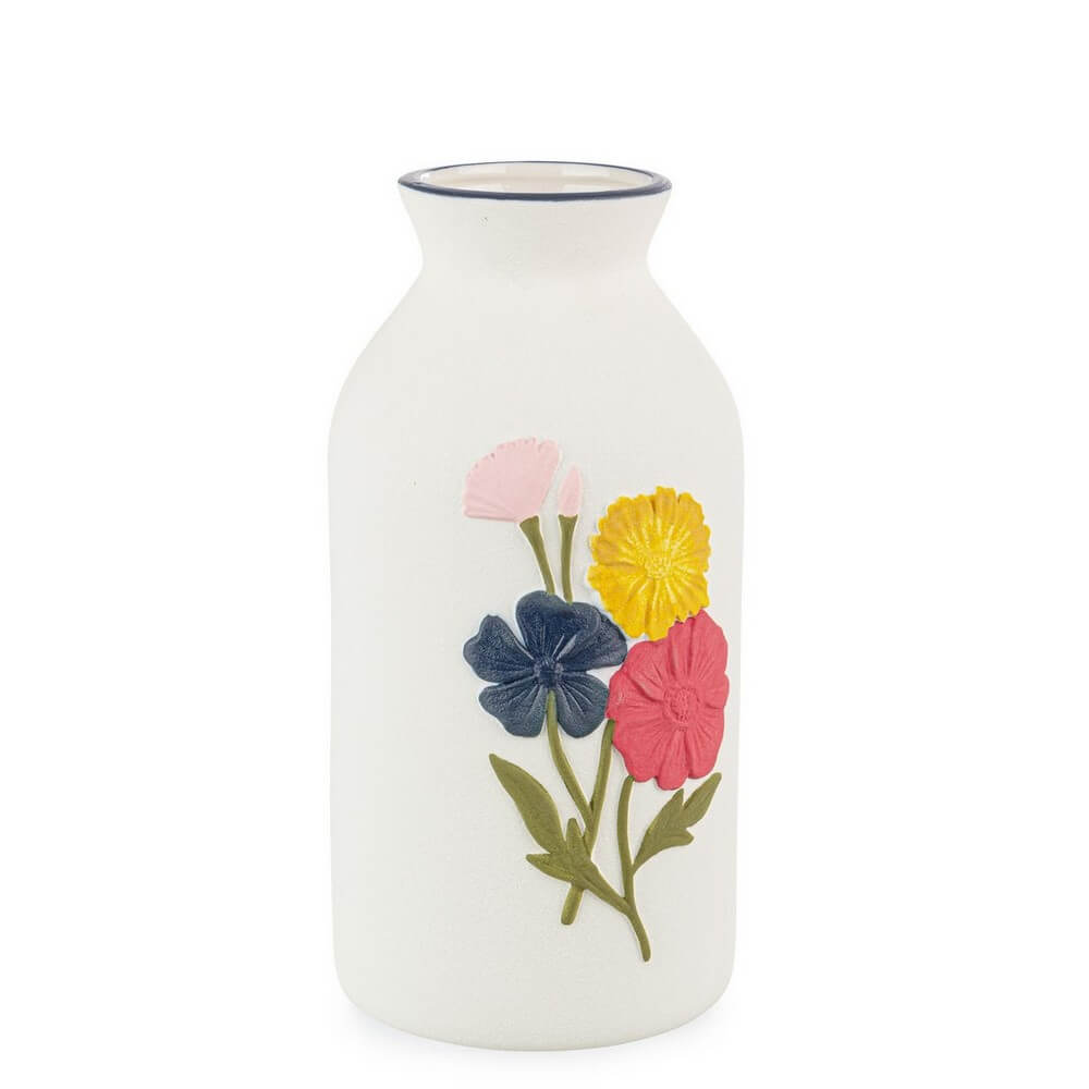 Vaso in porcellana bianca con fiori colorati in rilievo - FLORYN