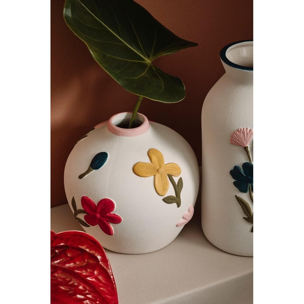 Vaso in Porcellana Tondo Bianco con Fiori Colorati in Rilievo - FLORYN