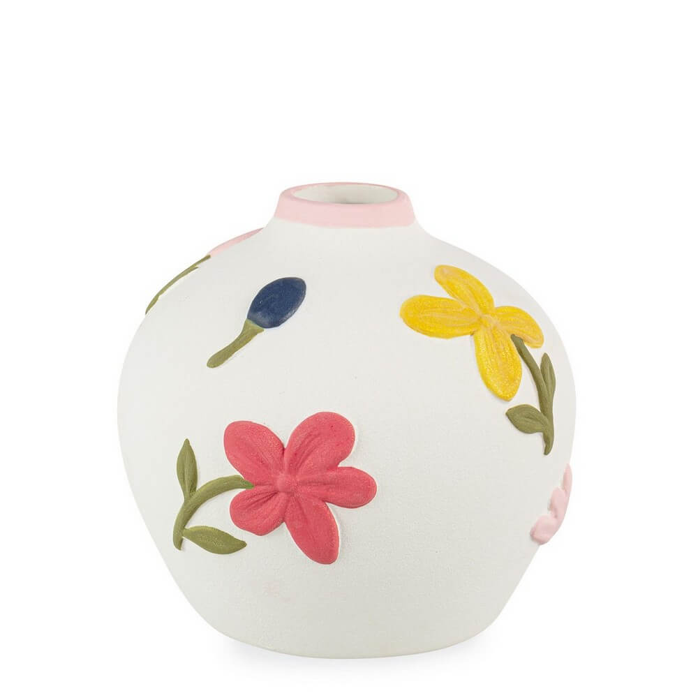 Vaso in Porcellana Tondo Bianco con Fiori Colorati in Rilievo - FLORYN