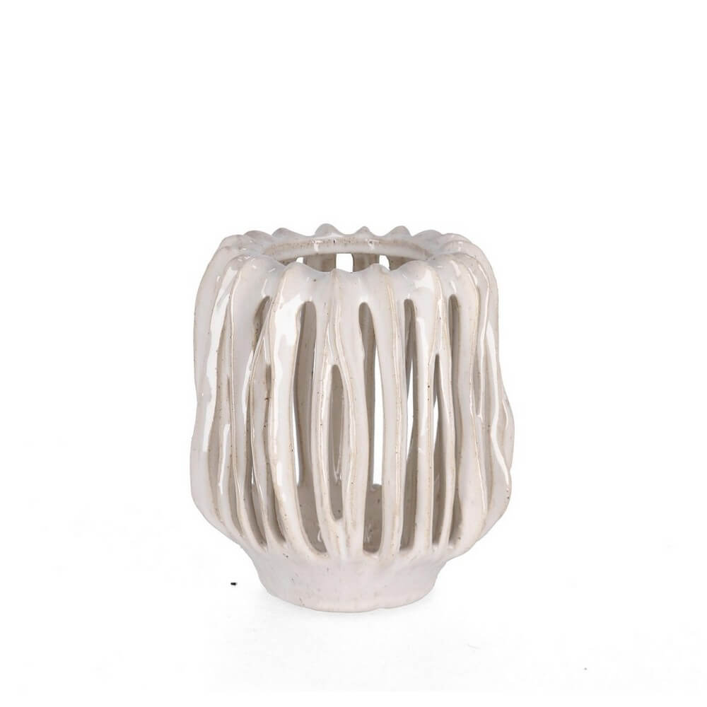 Portacandela in Ceramica Bianca Traforata Stile Organico H17 - NAOKO