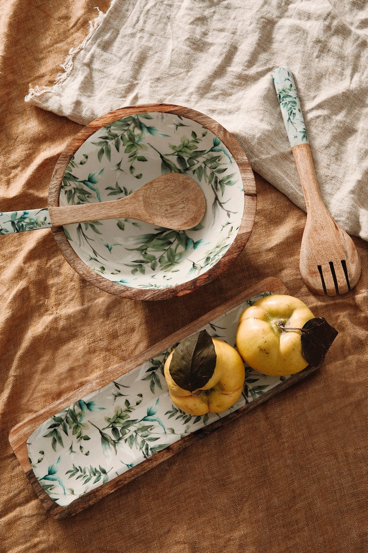 Set di 2 Vassoi Rettangolari in Legno di Mango con Decoro Foglie - THARA