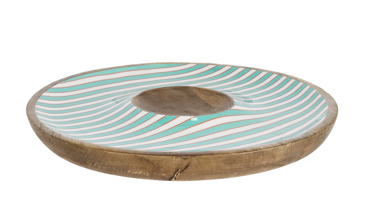 Antipastiera in legno di mango smaltato a righe turchesi D39 cm - THARA