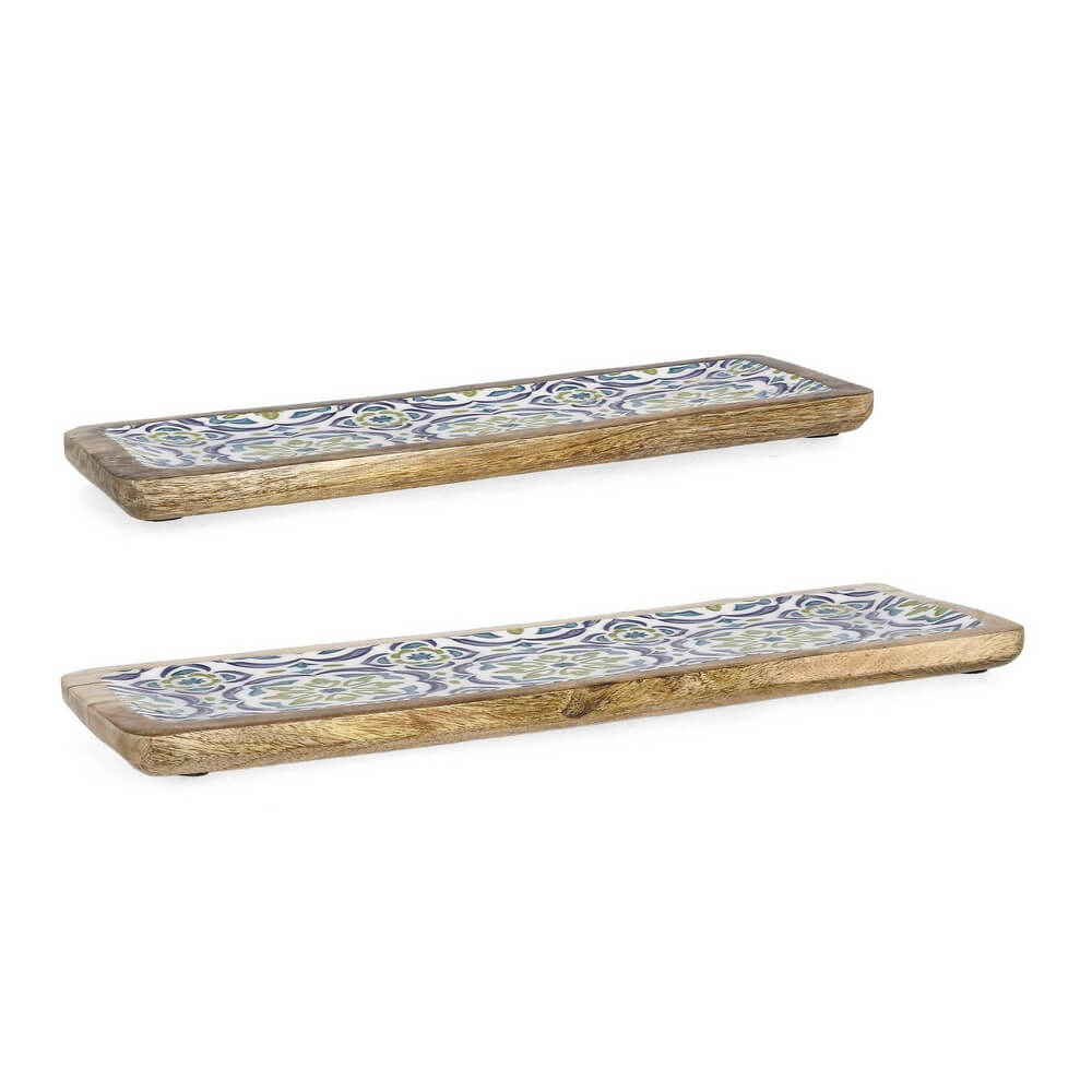 Set di 2 Vassoi Rettangolari in Legno di Mango con Maioliche Blu - SIN