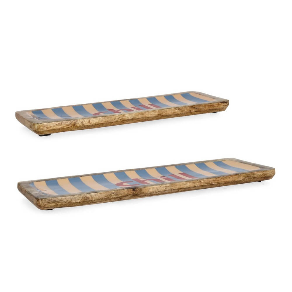 Set di 2 Vassoi Rettangolari in Legno di Mango con Righe - CHILL