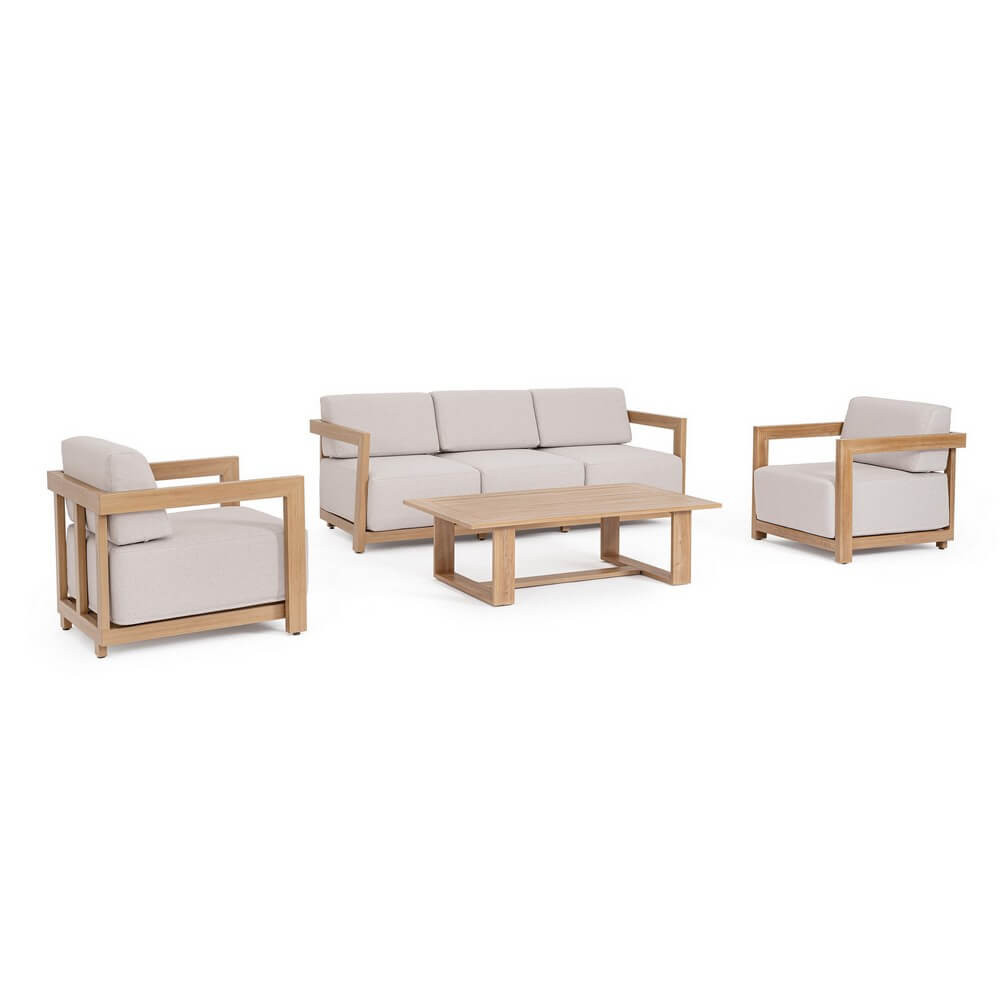 Set salotto 4 posti da esterno in alluminio effetto legno con cuscini - THESEUS