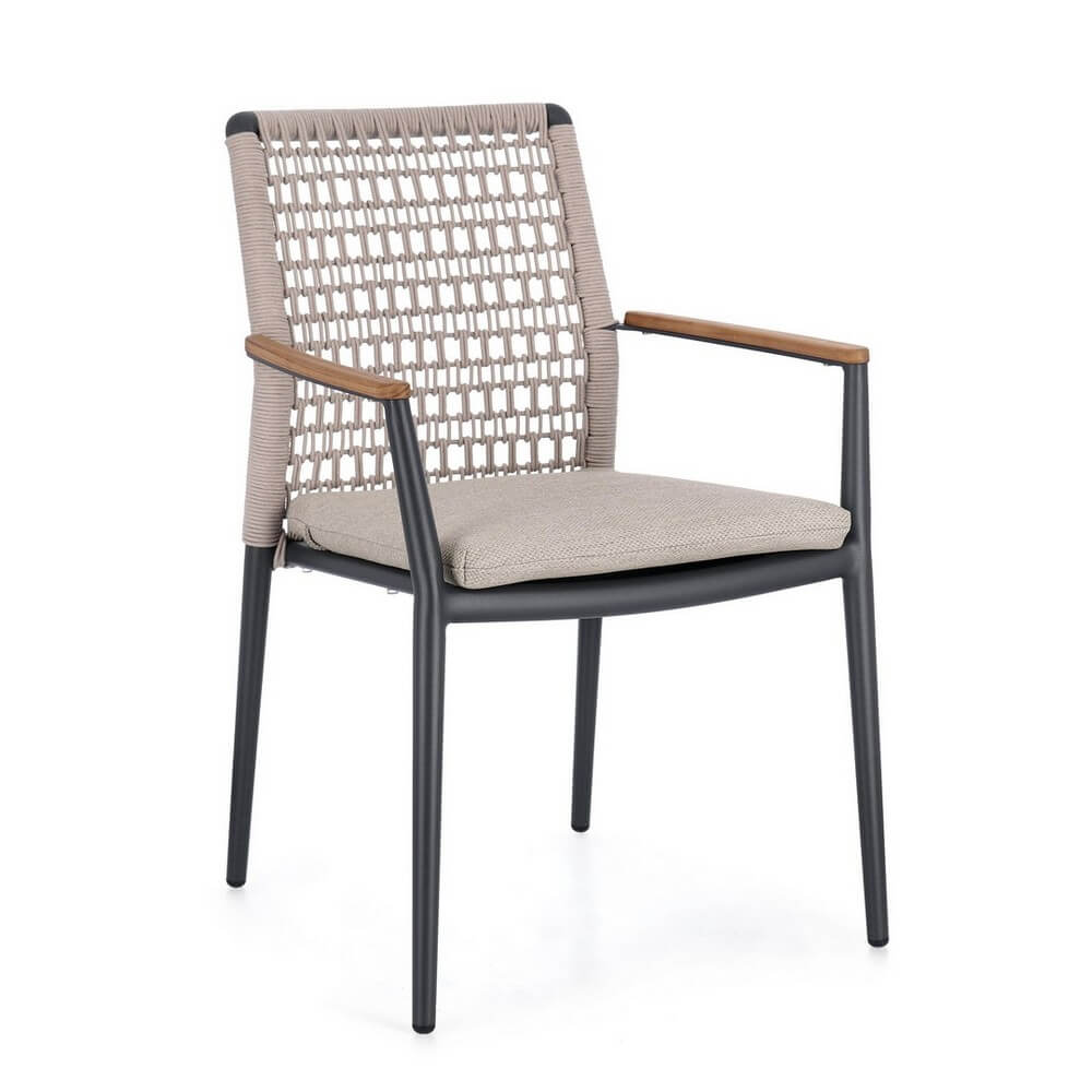 Set di 4 Sedie da Esterno con Braccioli e Cuscini in Alluminio Corda e Teak - ODELIS