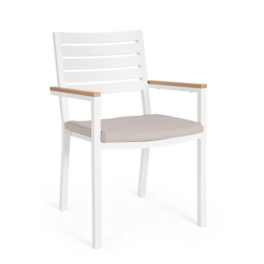 Set di 4 Sedie da Giardino con Braccioli e Cuscino in Alluminio Bianco Impilabili - CARMEYA