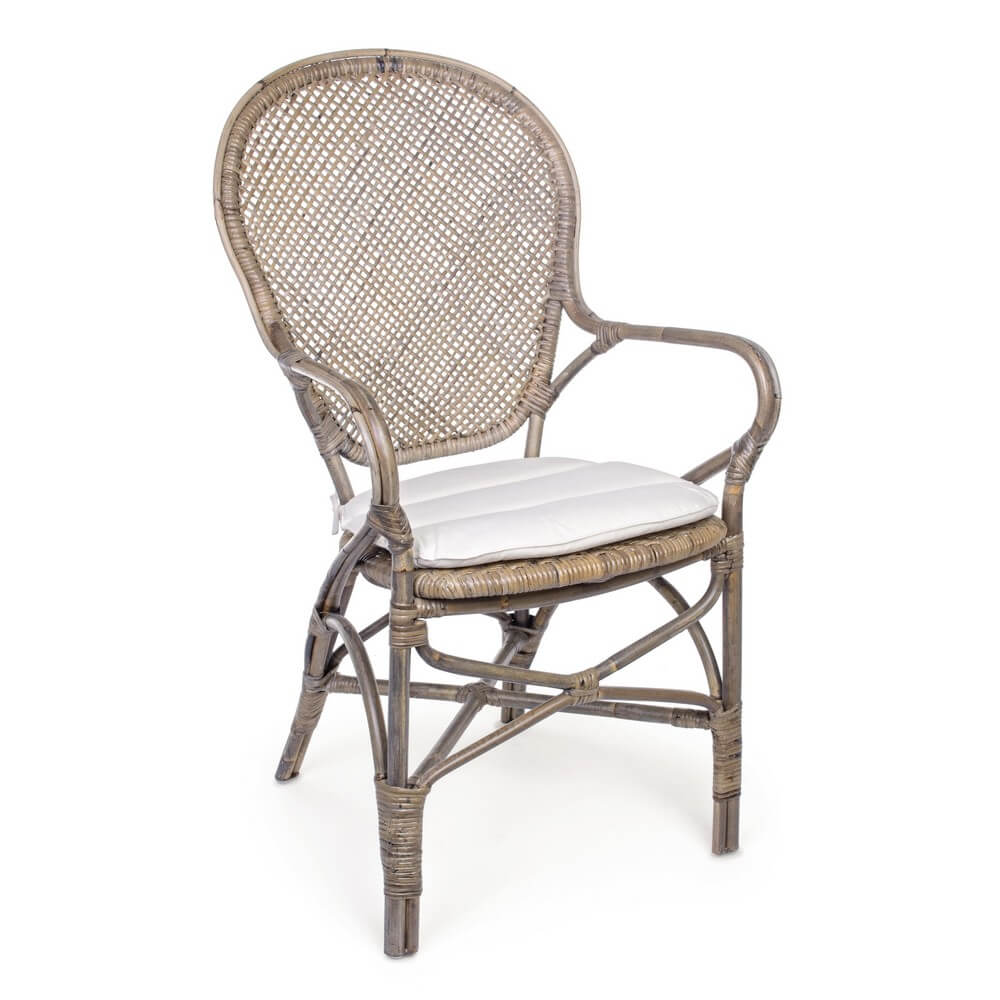 Sedia in Rattan con Braccioli e Cuscino Stile Vintage - ANGELICA