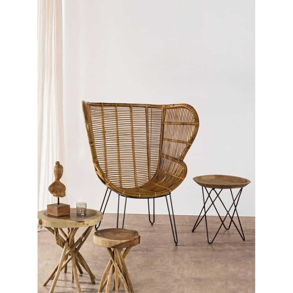 Tavolino rotondo in radica di teak con gambe in acciaio nero - LUNA
