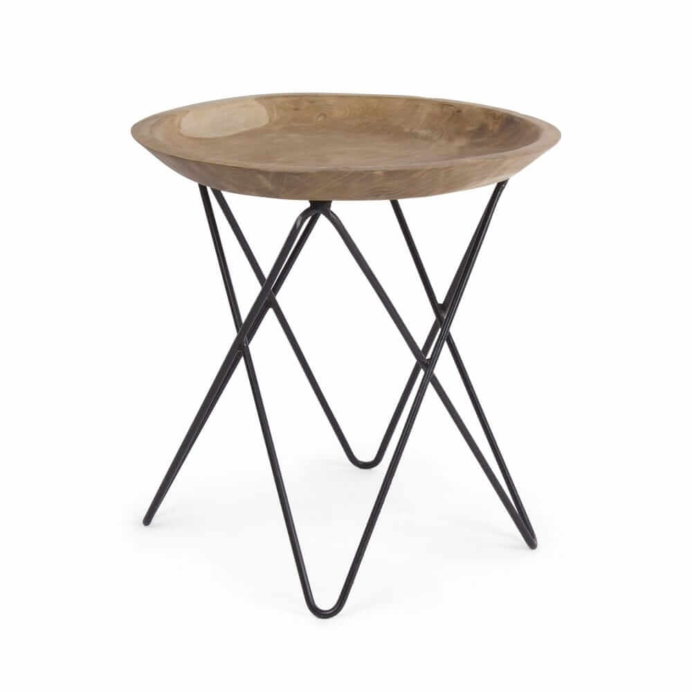 Tavolino rotondo in radica di teak con gambe in acciaio nero - LUNA