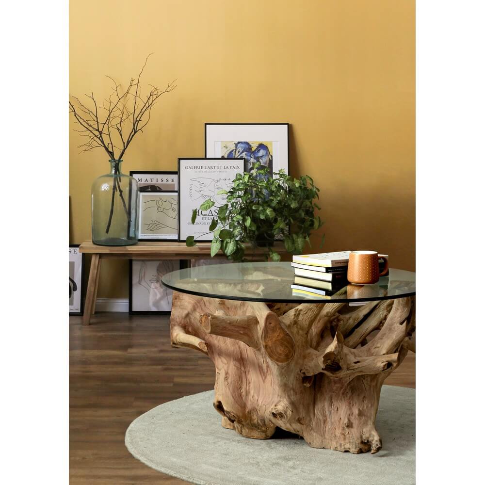 Tavolino in Radici di Teak con Piano in Vetro Rotondo - XANDER