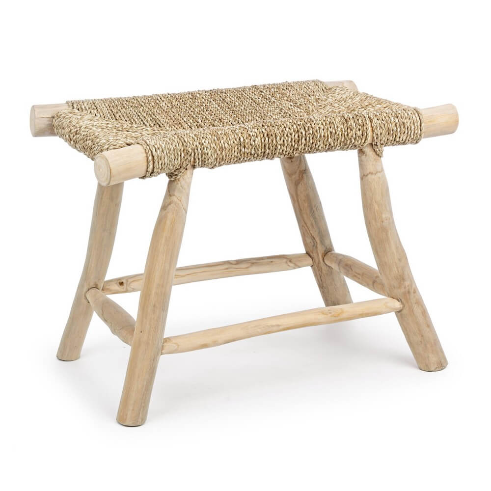 Sgabello in Legno di Teak con Seduta Intrecciata in Fibra Naturale - NEWTON