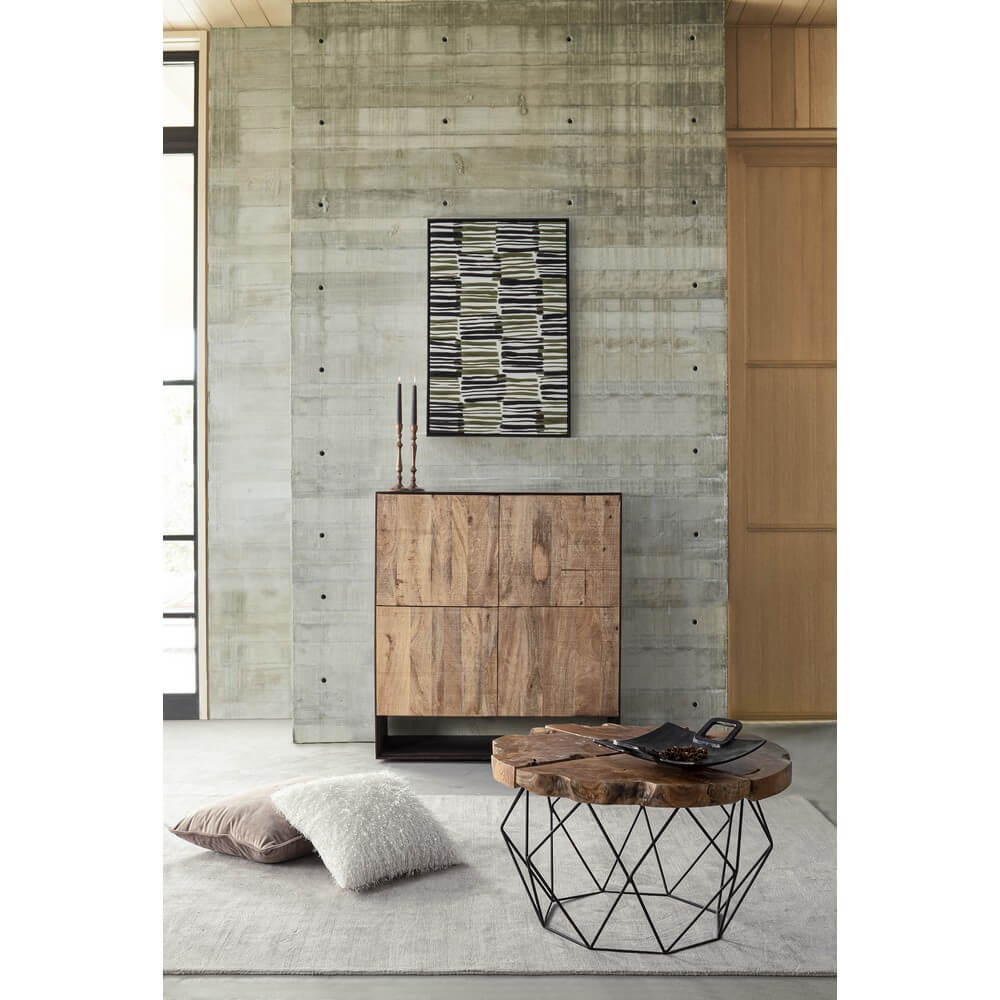 Tavolino rotondo in radica di teak con base in acciaio geometrica - IVY