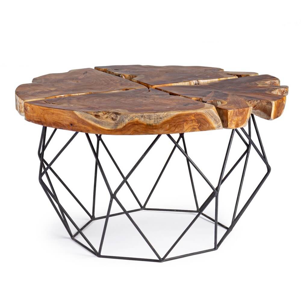 Tavolino rotondo in radica di teak con base in acciaio geometrica - IVY