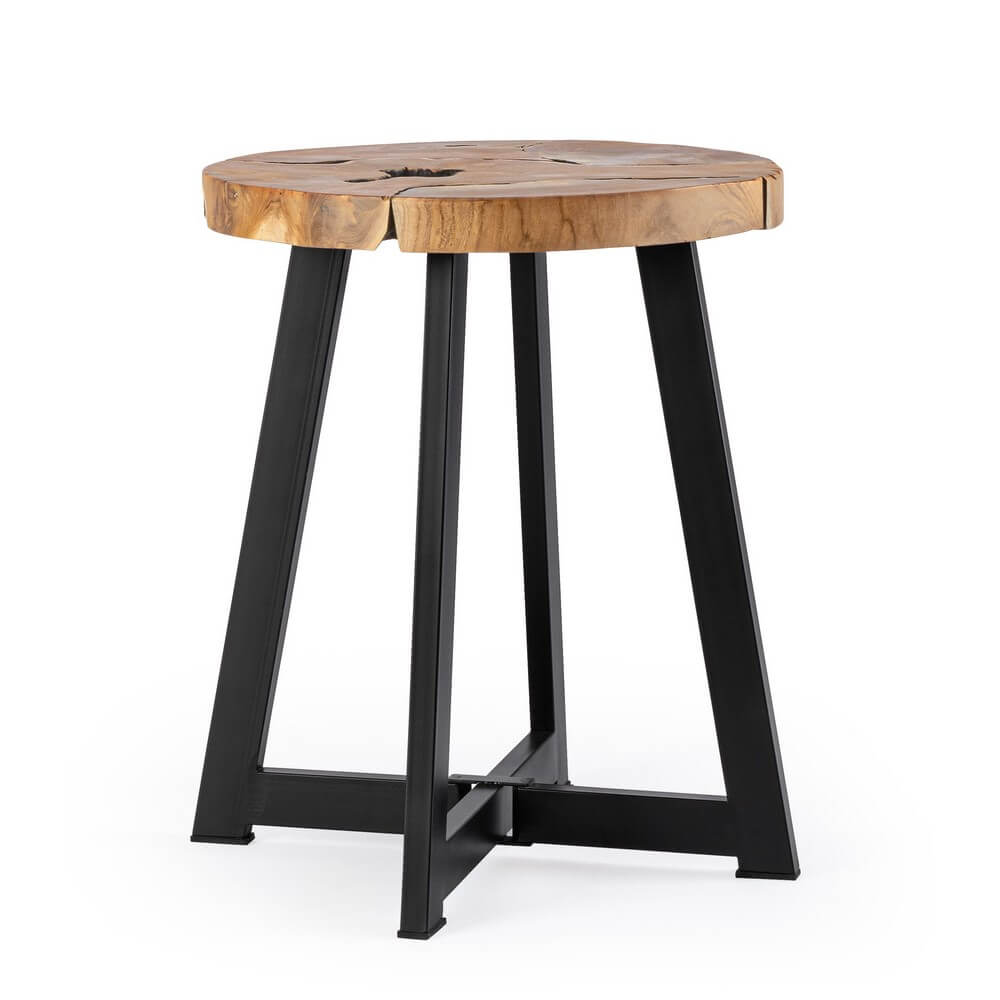 Tavolino Rotondo in Radica di Teak con Gambe in Acciaio - MIRANDA