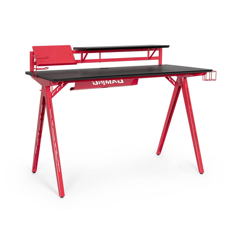 Scrivania Gaming con Ripiano Rialzato in Acciaio Rosso e Nero - NEBULA