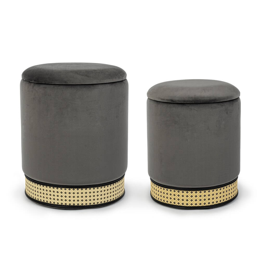 Set di 2 Pouf Contenitore Rotondi in Velluto con Rattan - TAYLOR