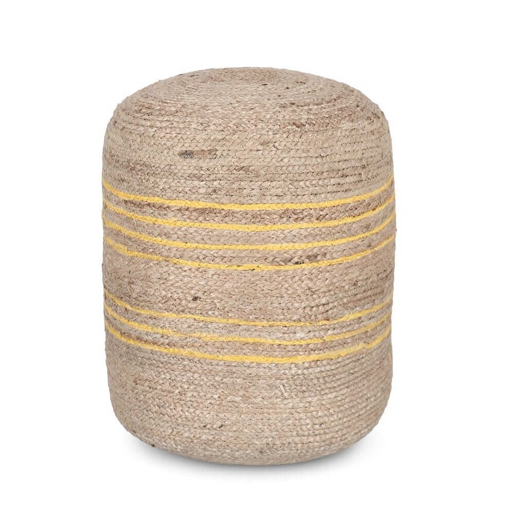 Pouf rotondo in iuta naturale con righe gialle intrecciato - RAHUL