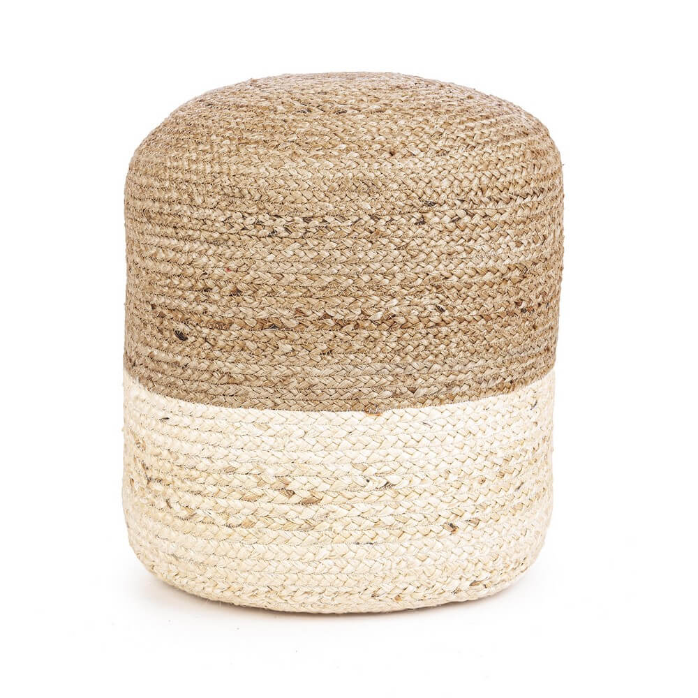 Pouf rotondo in iuta intrecciata bicolore naturale e bianco - THOMAS