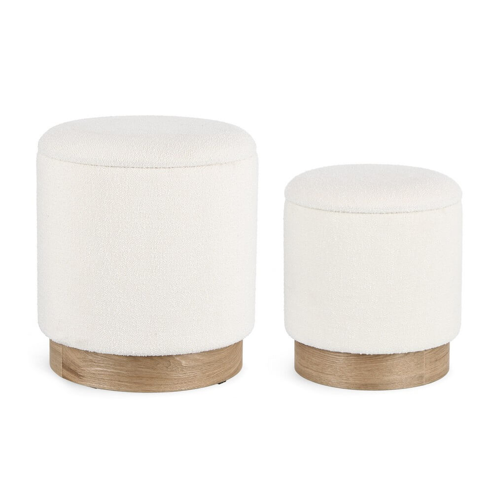 Set di 2 Pouf Rotondi Contenitore in Tessuto Bouclé con Base in Legno - BRIAN