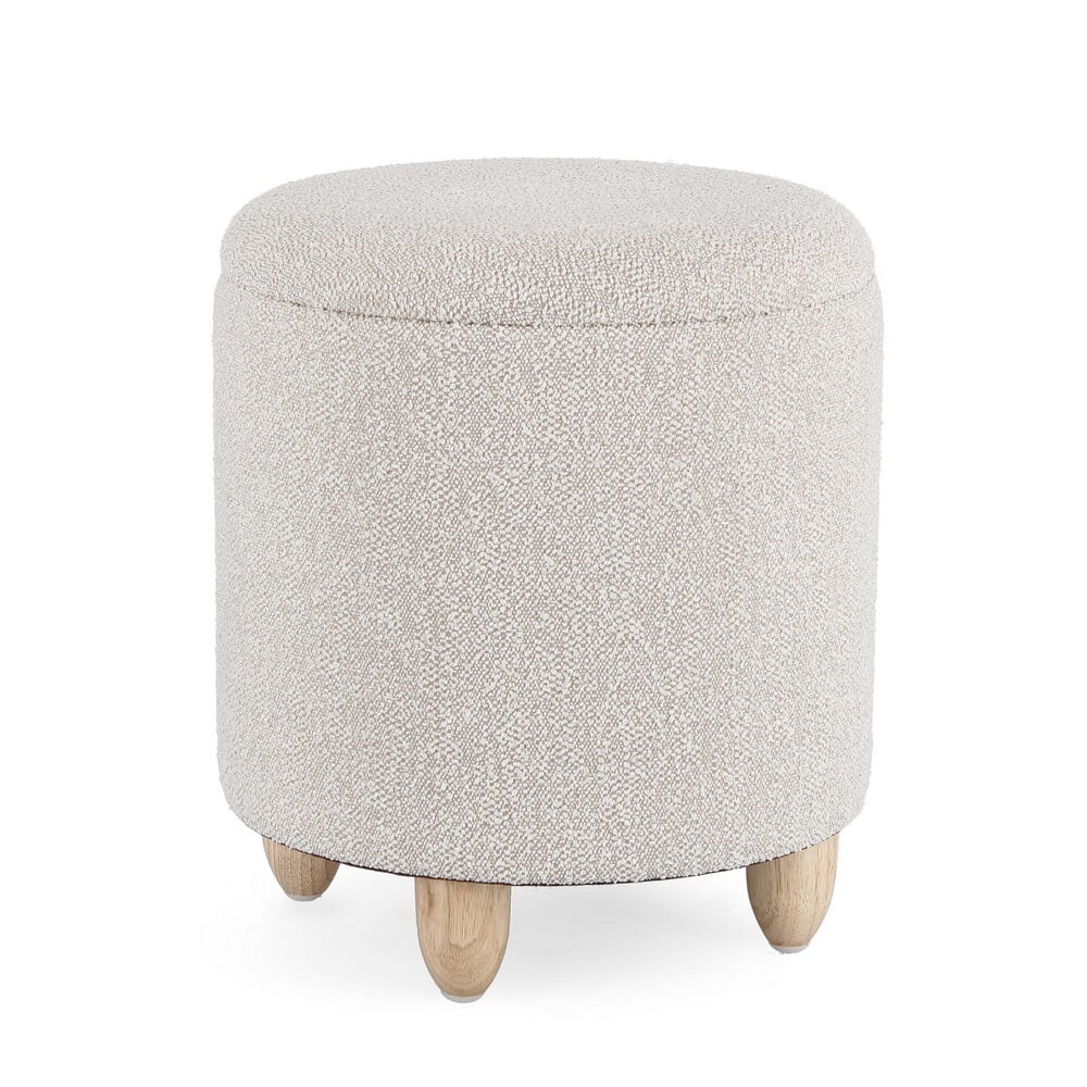 Pouf Contenitore Rotondo in Tessuto Bouclé con Gambe in Legno - MILO