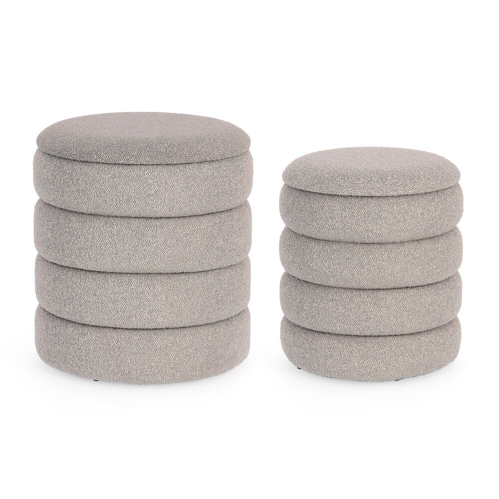 Set di 2 Pouf Rotondi Imbottiti in Tessuto Bouclé Grigio Chiaro - JACKSON