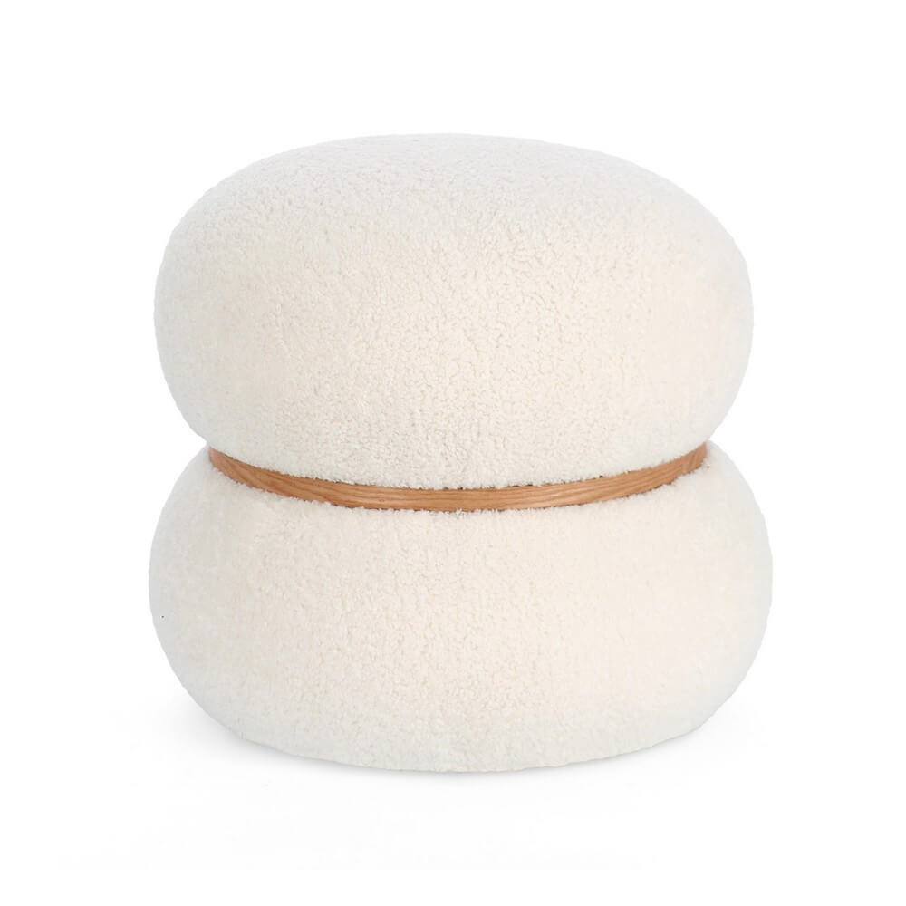 Pouf Rotondo in Tessuto Effetto Lana con Anello in Legno - RYAN