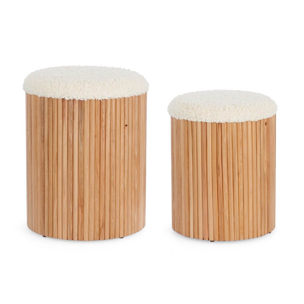Set di 2 Pouf Contenitore Rotondi in Legno di Pino con Seduta Effetto Lana - RYAN