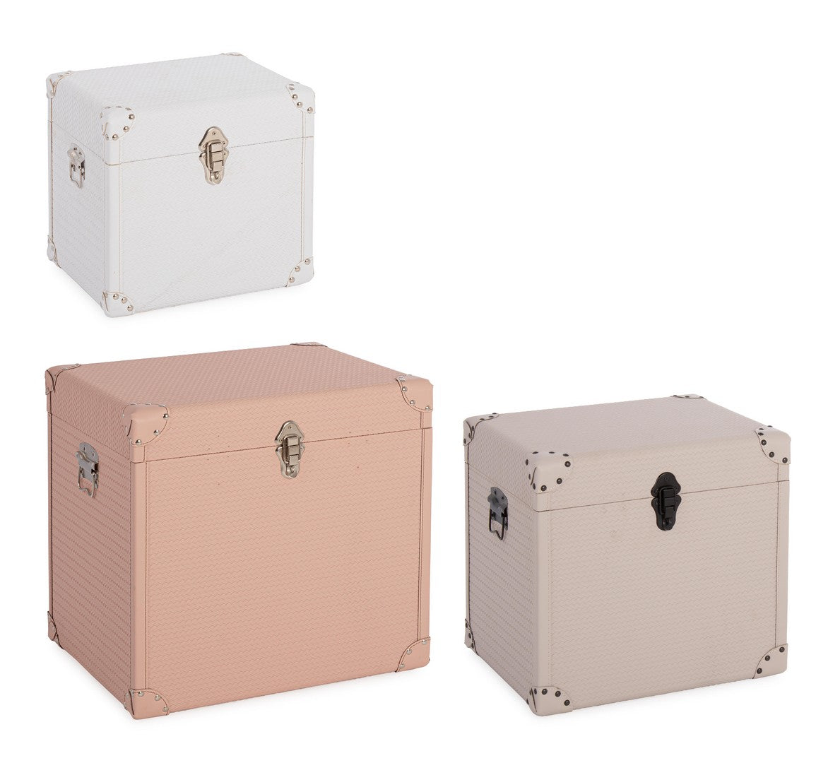 Set da 3 Bauli Cubici in MDF e Similpelle con Chiusura Metallo - BAULE