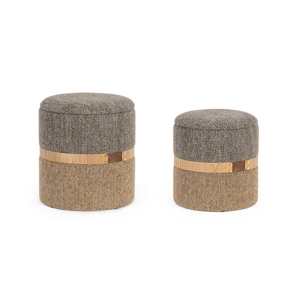 Set di 2 pouf contenitore rotondi in tessuto con fascia in legno frassino - TANYA