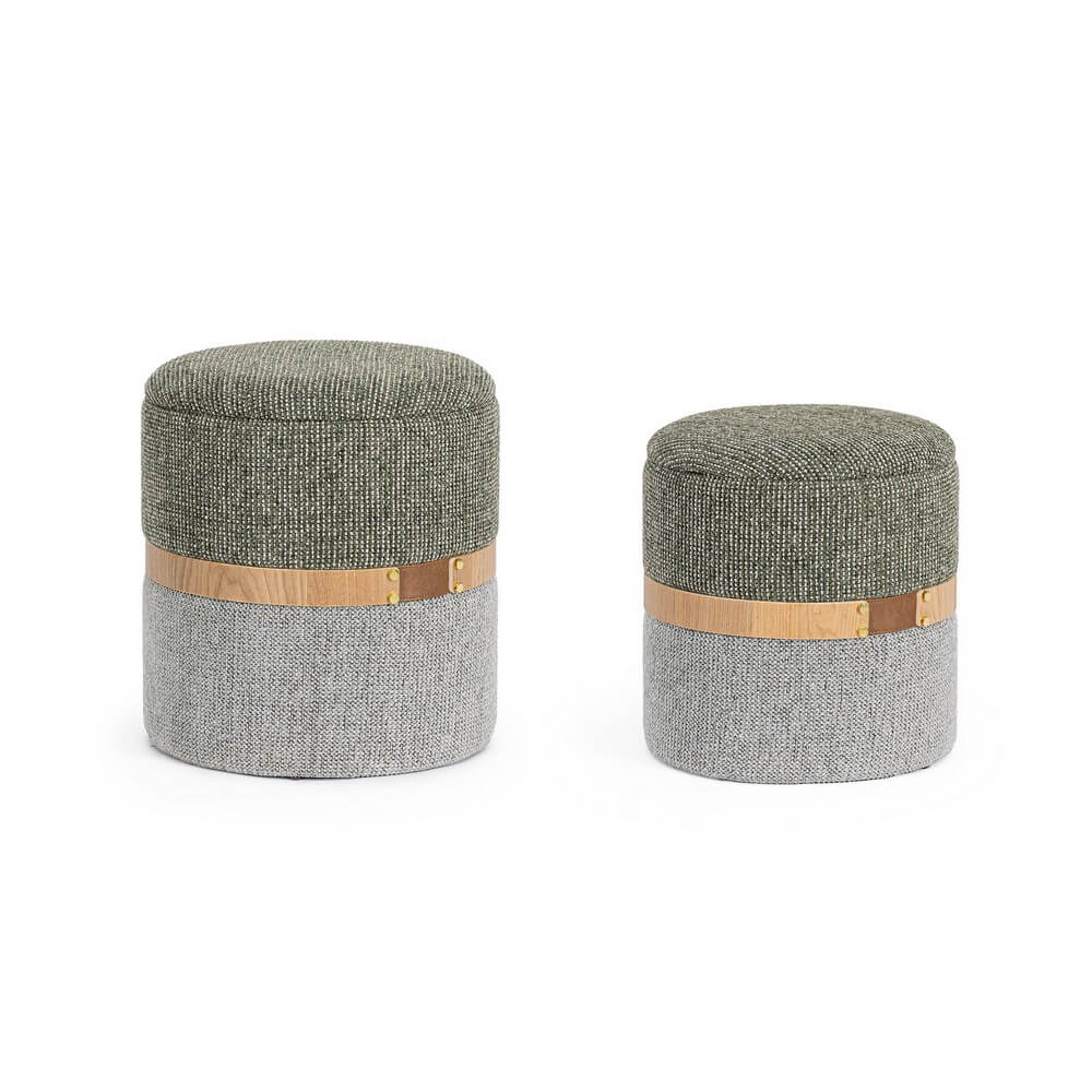Set da 2 Pouf Contenitore Rotondi in Tessuto Bicolore con Fascia in Legno Fog - TANYA
