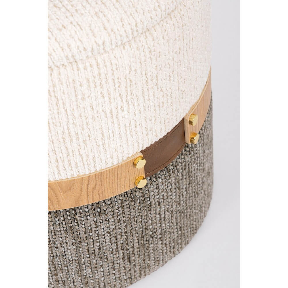 Set da 2 Pouf Contenitore Rotondi in Tessuto Bicolore con Fascia in Legno Bianco Grigio - TANYA