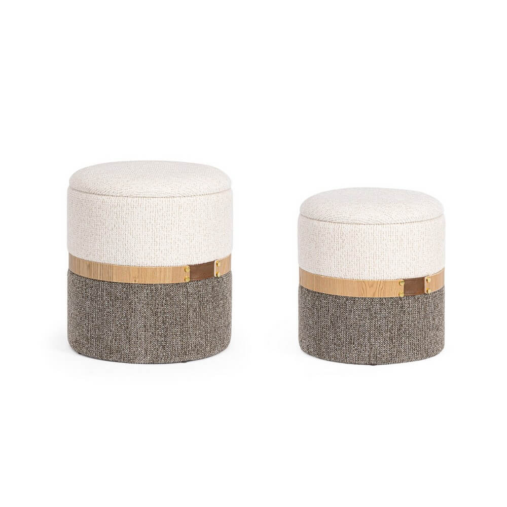Set da 2 Pouf Contenitore Rotondi in Tessuto Bicolore con Fascia in Legno Bianco Grigio - TANYA